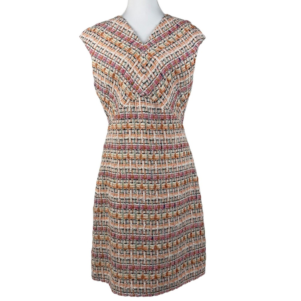 St John Raised Tweed Knit Dress Size 6 Melon Pink Plaid Sleeveless Luxury NWT - Picture 3 of 10